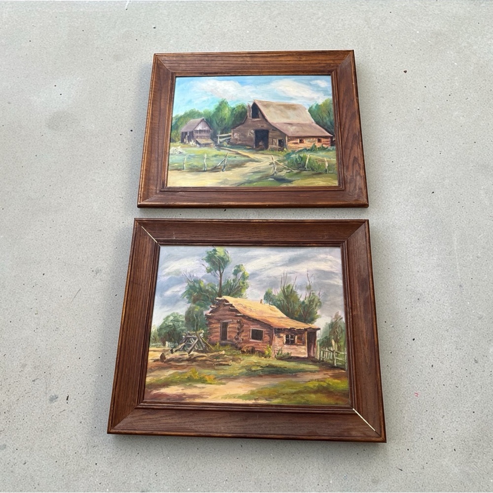 Vintage rustic barn and cabin framed original oil paintings. 24” X 20” - Picture 1 of 4